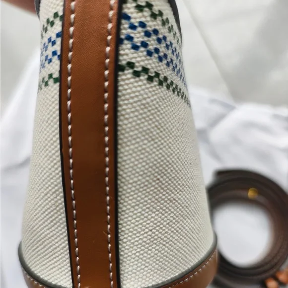 Marni Mini Canvas Tote with Tan Leather Trim and Red Logo - Picture 3 of 9